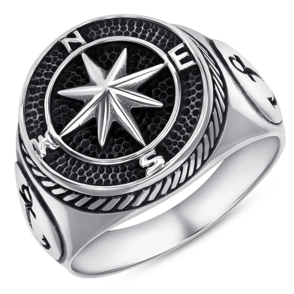 New 925 Sterling Silver Compass Ring Anchor bring Signet Men Oxidized Ring
